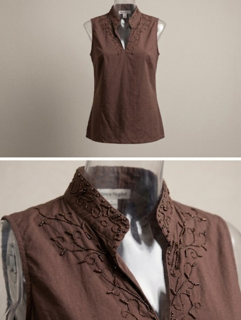 Last Chance VTG Chocolate Brown Cotton Sleeveless Beaded Embroidery Top (Sz 10)